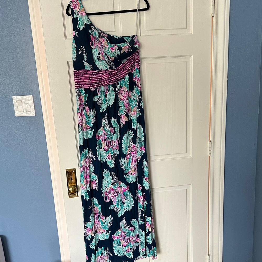 Lilly Pulitzer One-Shoulder Dress in Navy and Pink Floral XL